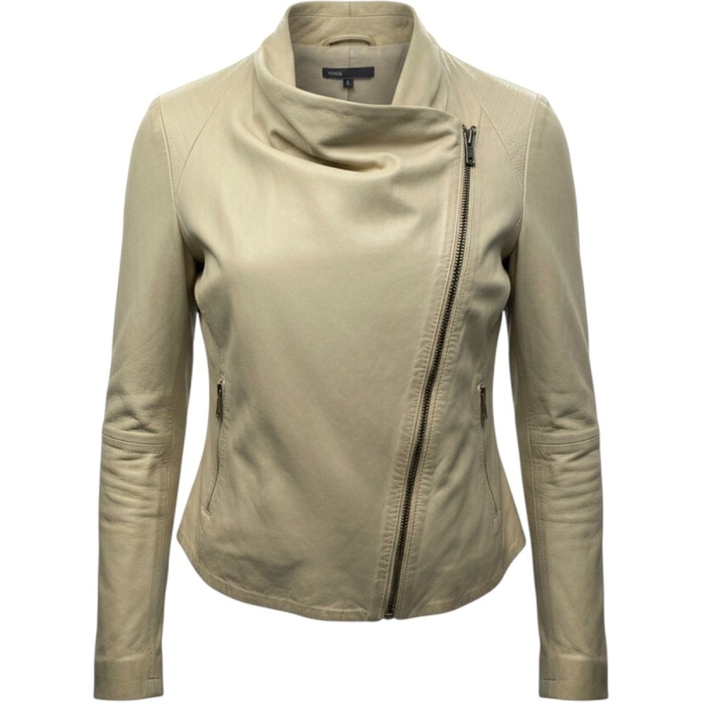 Vince Scuba Leather Jacket Womens L Beige Draped Cowl Neck Asymmetric Casual
